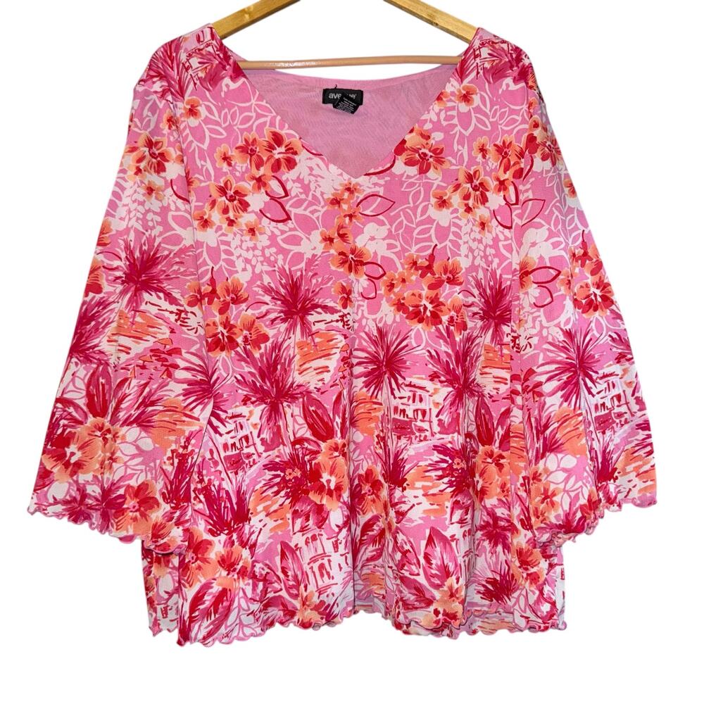 Avenue Floral 3/4 Sleeve Blouse Women's 30/32 Lettuce Hem Tropical Beach Resort
